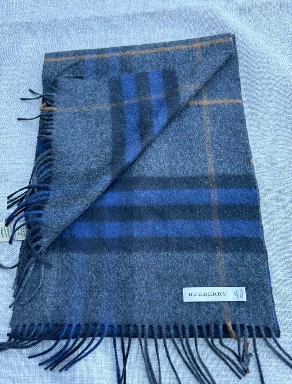 Burberry Check Cashmere Scarf Blue Gray Plaid Tartan Fringe Scotland